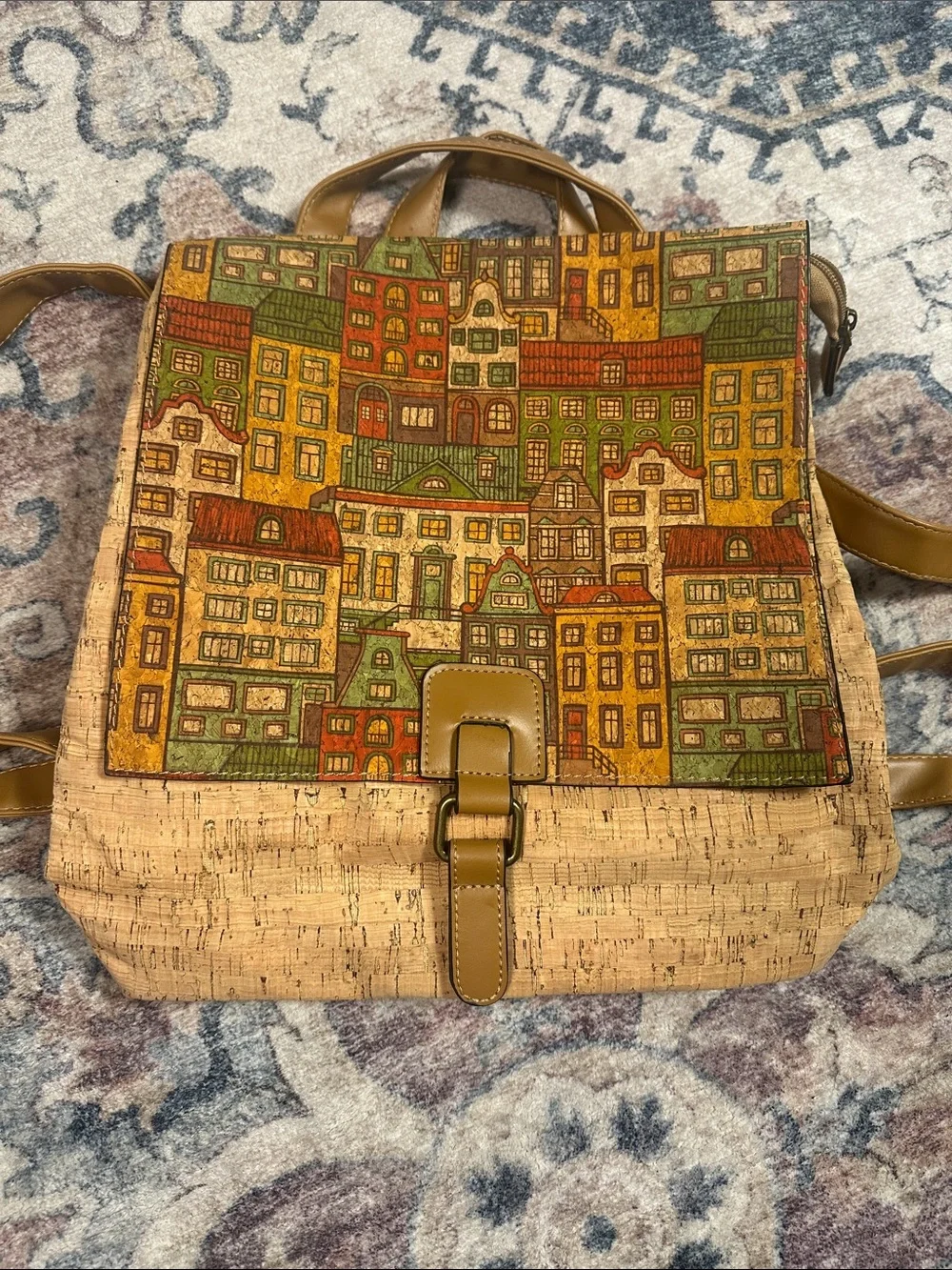 Cityscape Cork Backpack Tote in Tan and Multicolor - Unbranded
